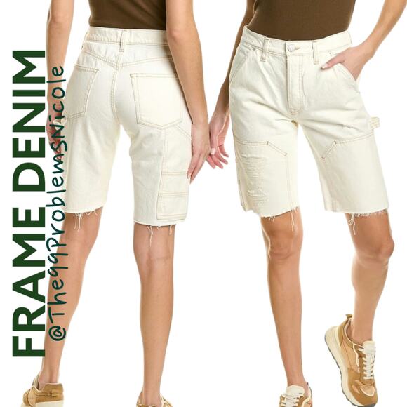 Frame Denim Le Slouch Off White Rips Bermuda Shorts with Hammer Hoop - Picture 1 of 6